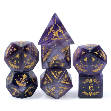 Amethyst with Embellishment - Gemstone Engraved with Gold RPG Dice Set