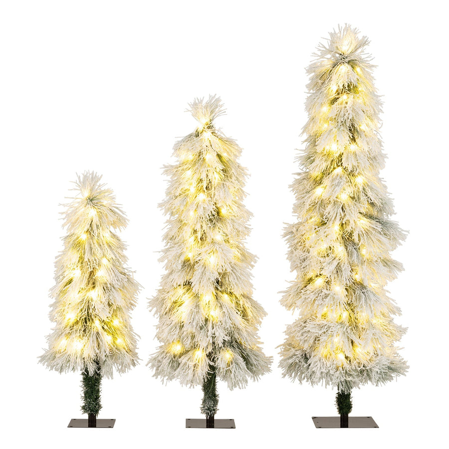Artificial Christmas Tree Set of 3 with Snow-flocked Branch Tips and LED Lights