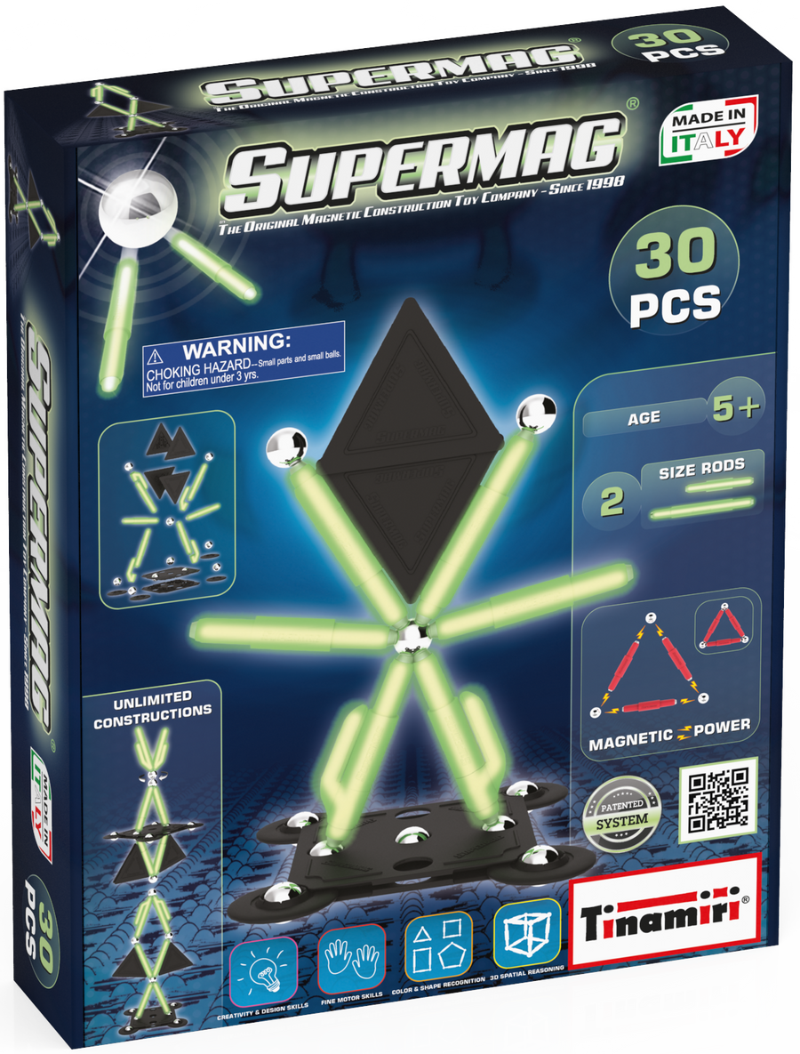 Tinamiri Supermag - Glow 30 - Magnetic Building Set, Educational construction fun, 30 piece set, Magnet Toys, 0657