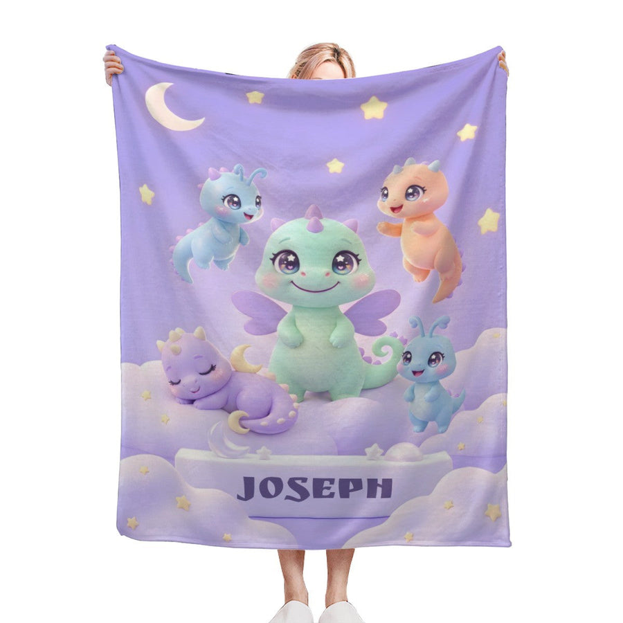 Personalized Kawaii Dragon Family Blanket | Custom Name | Pastel Fantasy Dragon Throw