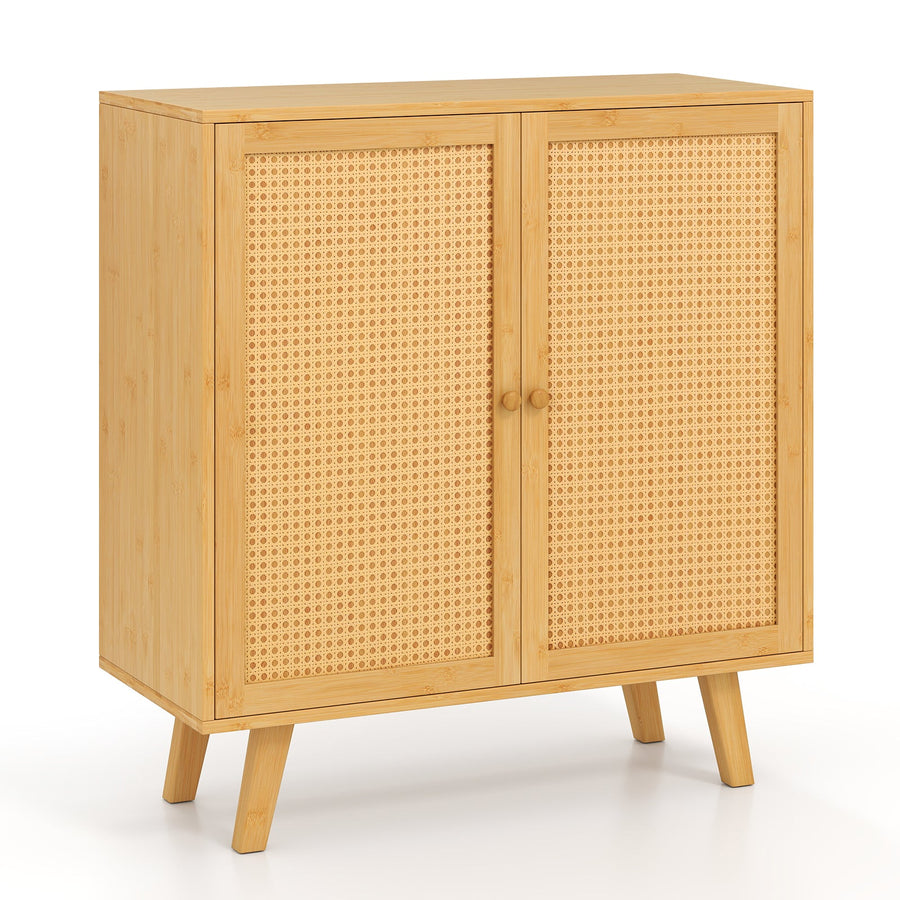 Bamboo Buffet Storage Cabinet with PE Rattan Doors and Freestanding Kitchen Cupboard-Natural