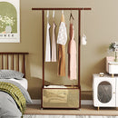 Bamboo Clothes Rack with Rattan Storage Basket and Wheels