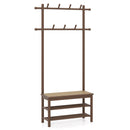 Bamboo Coat Rack PE Rattan Hall Tree with Bench and Shoe Storage 3-In-1 Entryway Bench