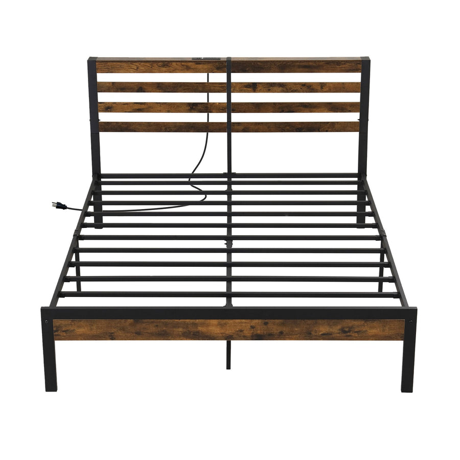 Full/Queen Size Bed Frame with Charging Station and Storage Headboard