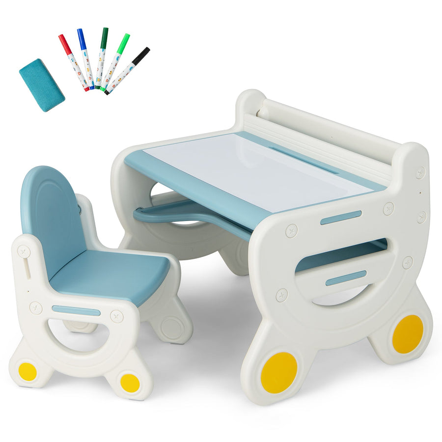 Kids Drawing Table and Chair Set with Watercolor Pens and Blackboard Eraser