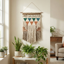 Bohemia Wall Hanging Decor | Boho Geometric Woven Textile with Layered Fringe & Copper Bar | 14" x 24"