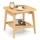 Boho Bamboo Sofa Side Table with Faux Rattan Storage Shelf-Natural