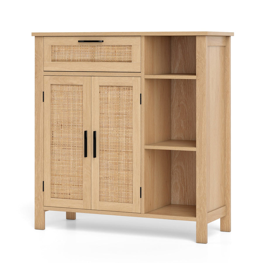 Boho Buffet Sideboard Storage Cabinet with Drawer and Rattan Woven Doors-Natural