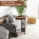 C-Shaped End Side Table with Charging Station and Wheels-Rustic Brown