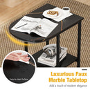 C-shaped Modern Sofa Side Table with Faux Marble Tabletop and Storage Shelf