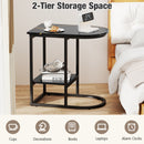 C-shaped Modern Sofa Side Table with Faux Marble Tabletop and Storage Shelf