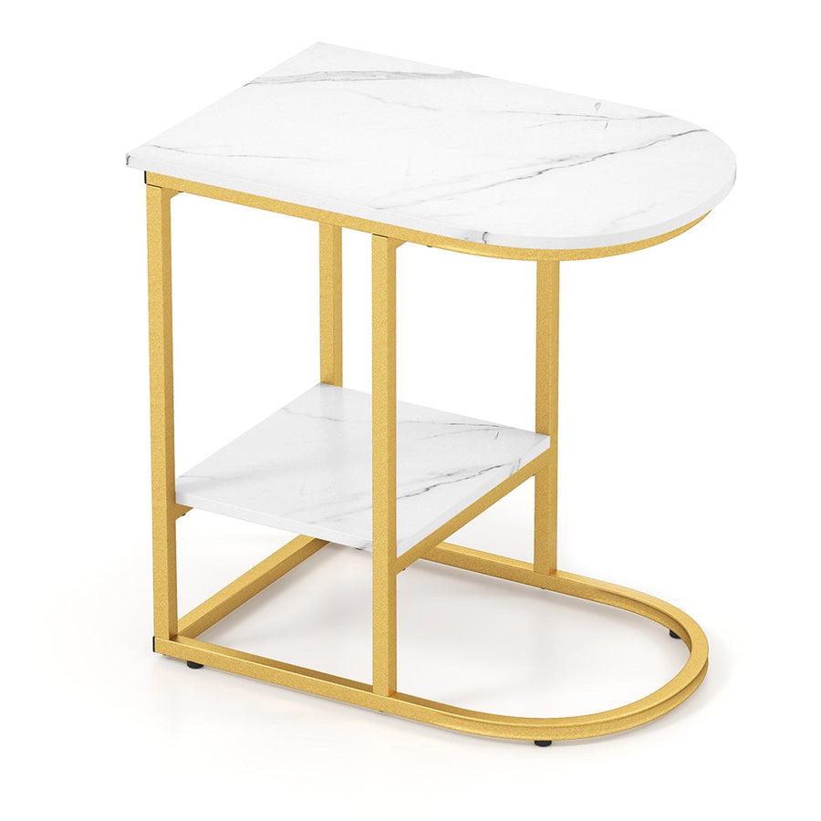 C-shaped Modern Sofa Side Table with Faux Marble Tabletop and Storage Shelf