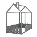 {Slats are not included}Twin Size Wood Bed House Bed Frame with Fence for Kids Teens Girls Boys {Gray}