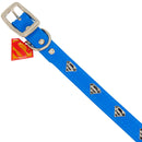 Vegan Leather Dog Collar - Superman Blue with Shield Embellishments & Metal Charm