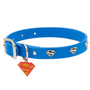 Vegan Leather Dog Collar - Superman Blue with Shield Embellishments & Metal Charm