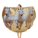Personalized Round Unicorn Blanket | Custom Name | Three White Unicorns Golden Fantasy Throw Gift