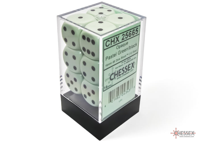 Chessex Opaque 16mm D6 Pastel Green/Black Dice Block (12 dice)