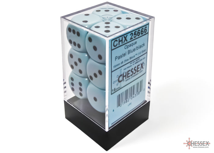 Chessex Opaque 16mm D6 Pastel Blue/Black Dice Block (12 dice)