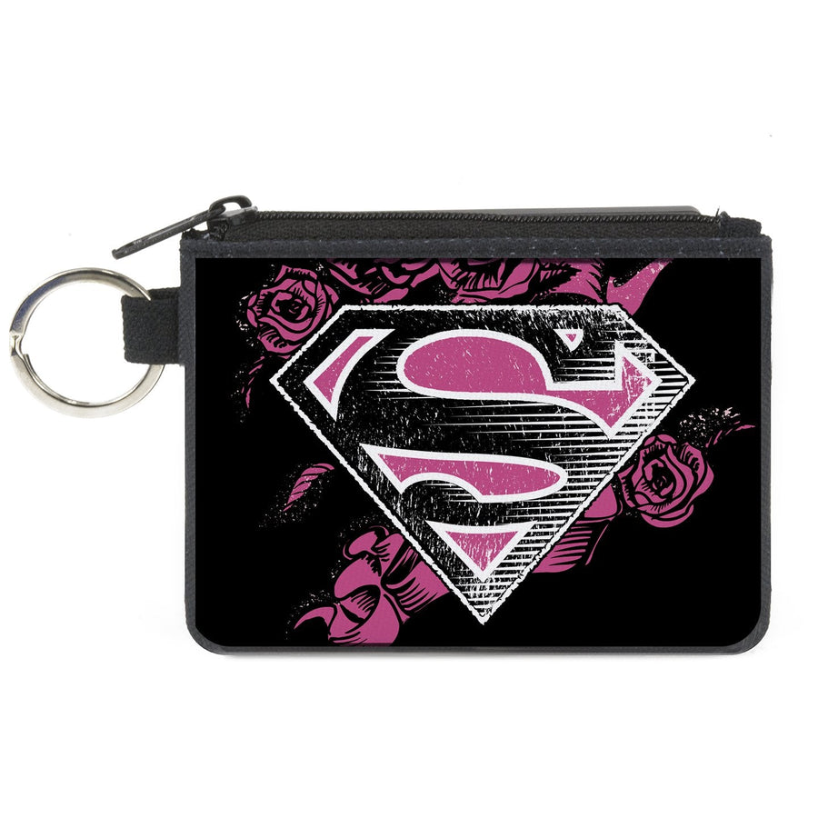 Canvas Zipper Wallet - MINI X-SMALL - Superman Shield4/Roses Weathered Black/White/Pinks