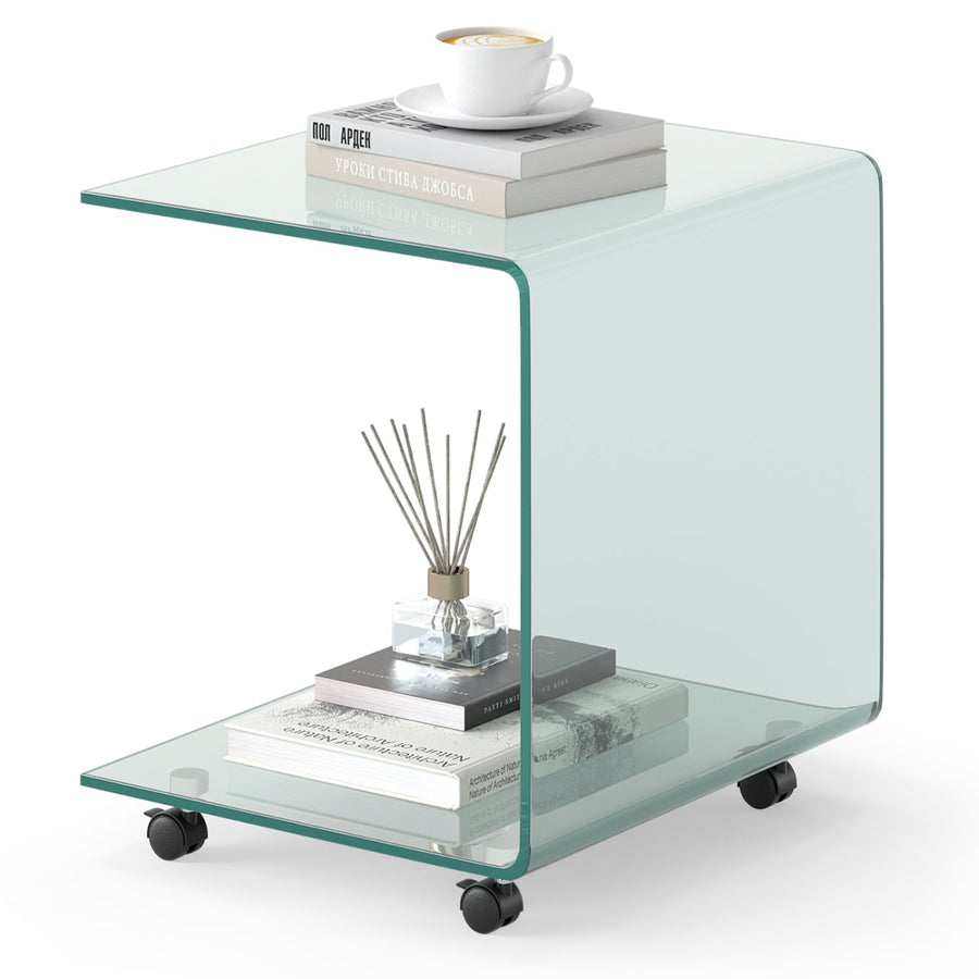 C-Shaped End Table Modern Tempered Glass Side Table with Shelf