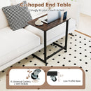 C-shaped End Table with Wheels Mobile Bedside Table with Built-in Phone Slot-Rustic Brown