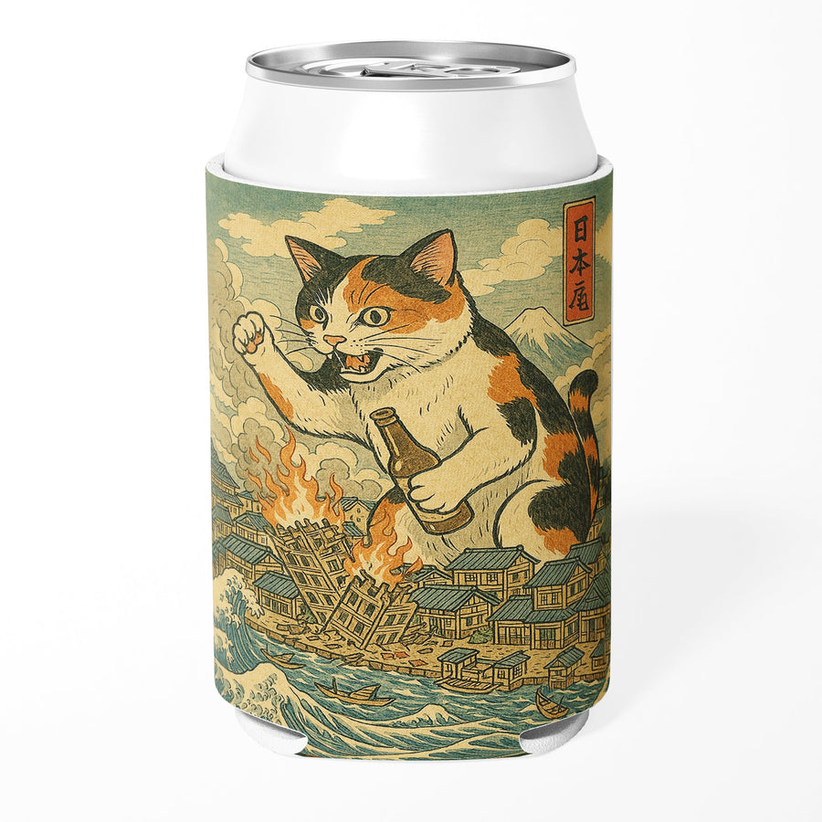 Cat Destroying City Japanese Ukiyo-E Can Cooler