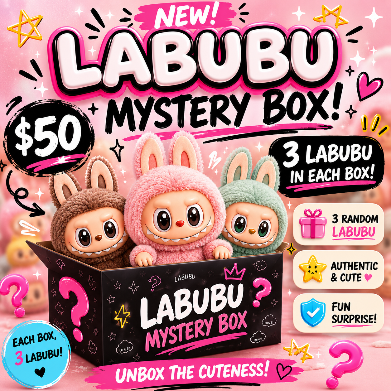 $50 Labubu Mystery Box: 3 Labubu Per Box! – Ralphie's Funhouse $50 Labubu Mystery Box: 3 Labubu Per Box! – Ralphie's Funhouse