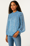 Aqua Smocked Floral Print Top, Size Small