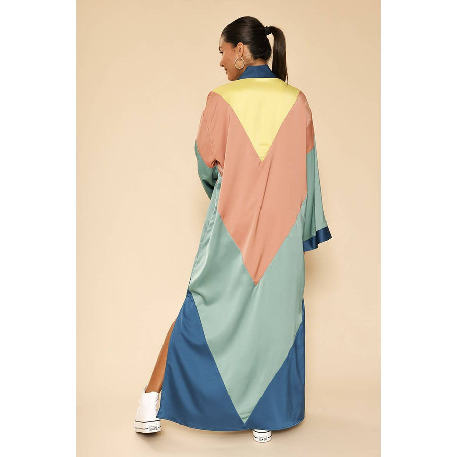 [SIZE L] Chevron Kimono Big Long Textured Satin Duster | Light Jacket, Outdoor Robe, Swimsuit Coverup