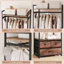 Clothes Rack with Drawers and Shelves with Side Hooks and Metal Frame-Rustic Brown