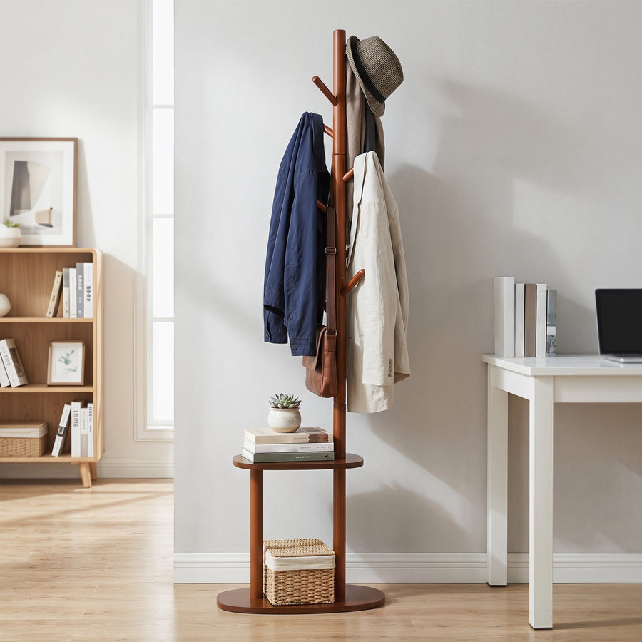 Coat Rack with 8 Hooks and 2 Shelves - Walnut Rubber Wood