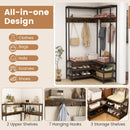 Corner Garment Rack with Open Shelves and 7 Hooks Shoe Bench