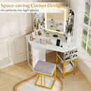 Corner Vanity Desk with Mirror and Lights Makeup Dressing Table with Triple Mirror-White