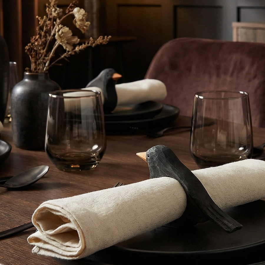 Crow Napkin Ring | Wooden Sculpted Black Bird Serviette Ring Table Napkin Holder | 4