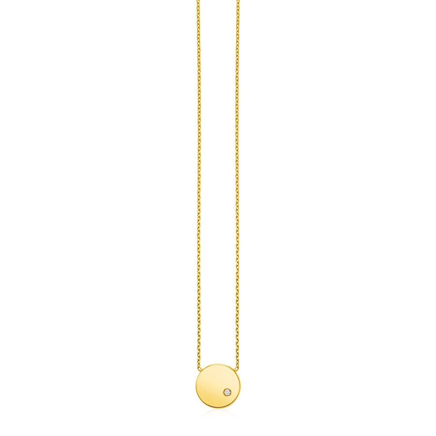 14k Yellow Gold Necklace with Polished Round Pendant with Diamond