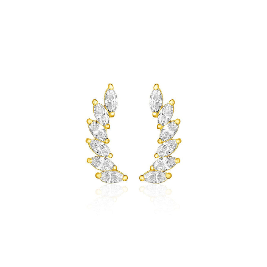 14k Yellow Gold Leaf Motif Climber Post Earrings with Marquise Cubic Zirconias