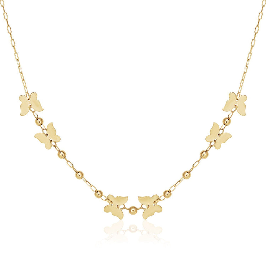 14k Yellow Gold 18 inch Necklace with Polished Butterflies and Beads