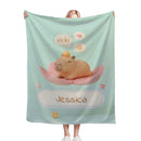 Personalized Kawaii Capybara Blanket | Custom Name | Mint Green Cute Lily Pad Fleece Throw Gift