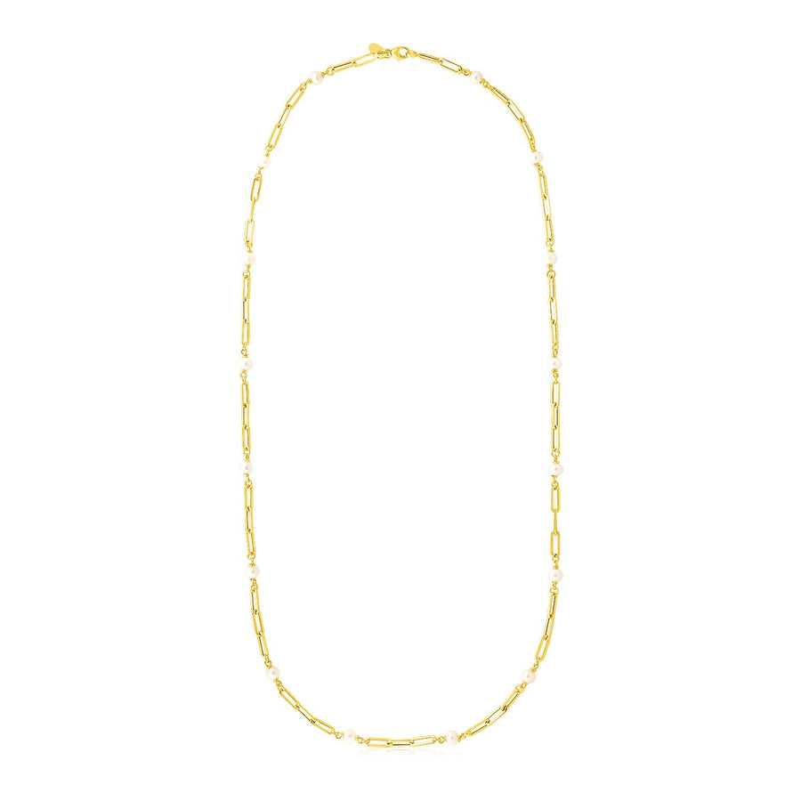 14k Yellow Gold Paperclip Chain and Pearl Necklace