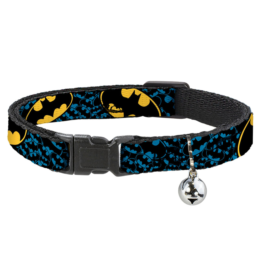 Breakaway Cat Collar with Bell - Bat Signals Stacked w/CLOSE-UP Blue/Black/Yellow