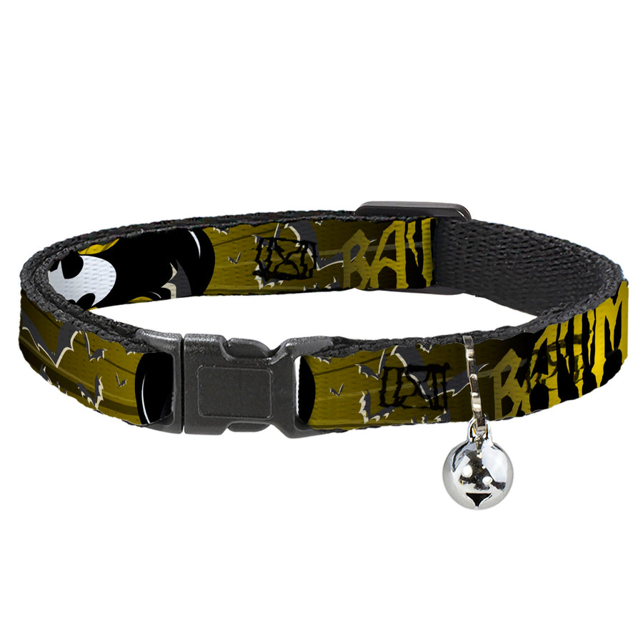 Cat Collar Breakaway - BATMAN w Bat Signals & Flying Bats Yellow Black White