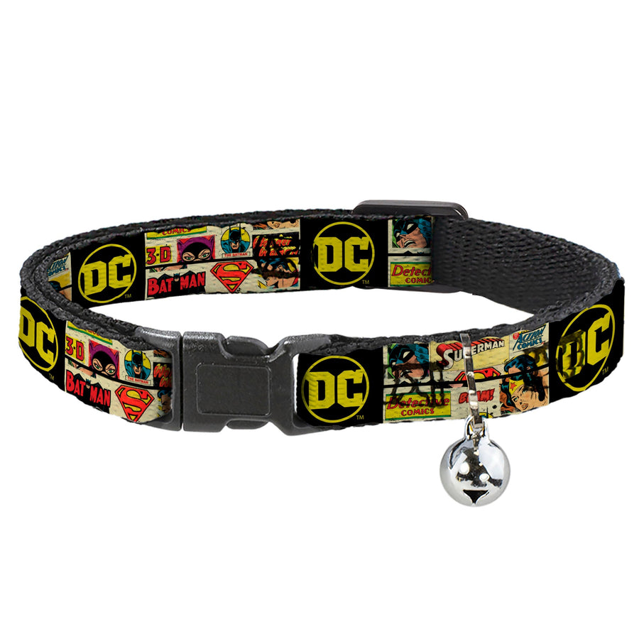 Cat Collar Breakaway with Bell - Vintage DC Comics Superhero and Logos Collage Black - NARROW Fits 8.5-12
