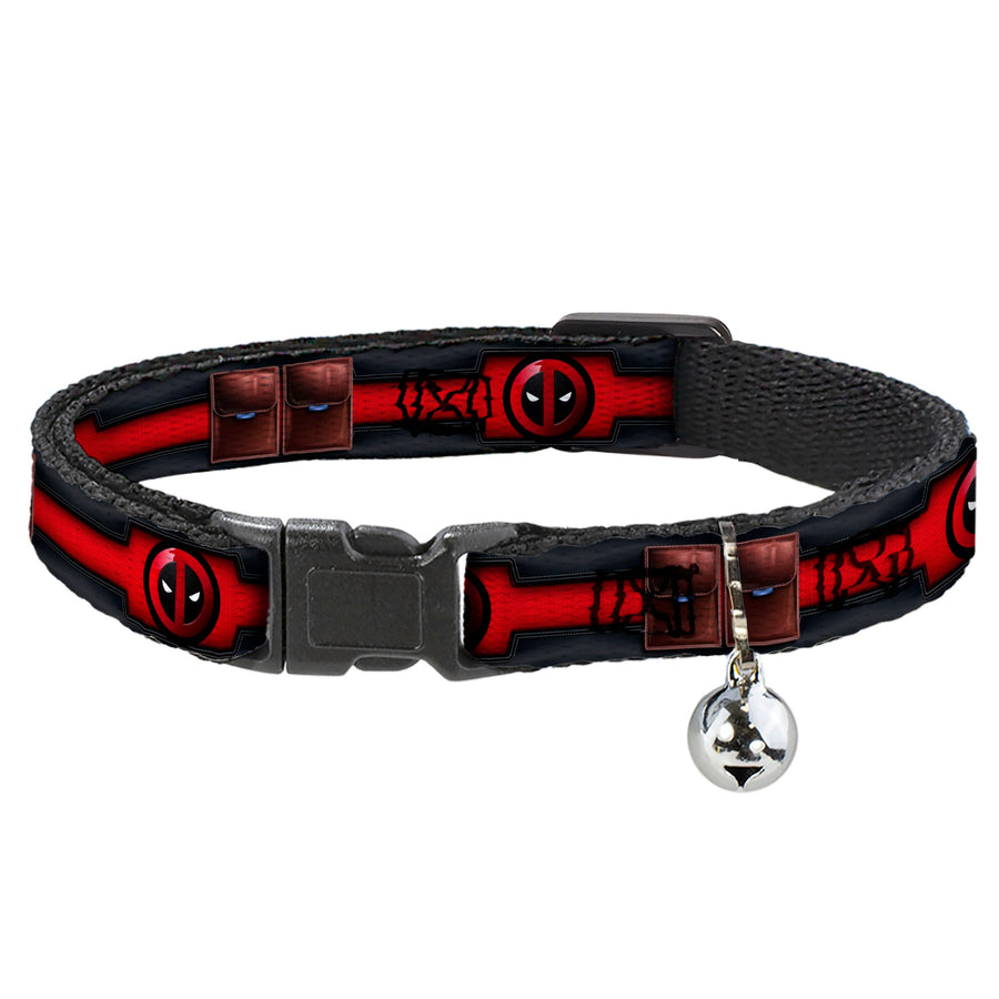 MARVEL DEADPOOL Cat Collar Breakaway - Deadpool Utility Belt Logo Pockets Black Reds Browns