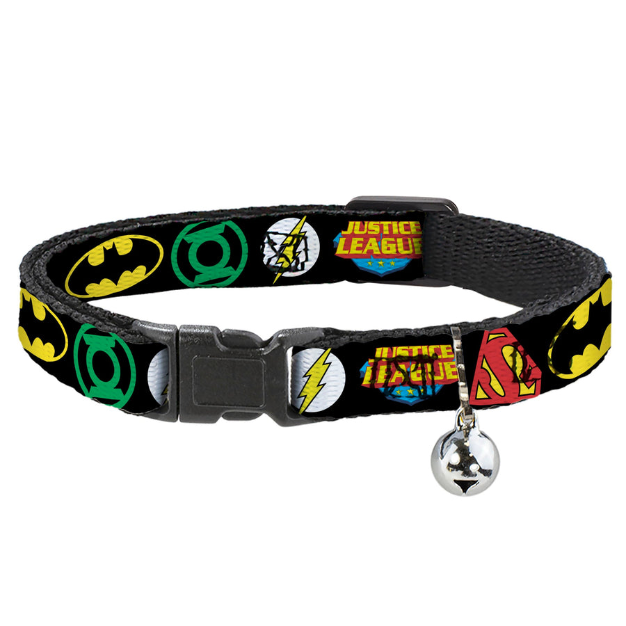 Cat Collar Breakaway - Justice League Superhero Logos CLOSE-UP Black