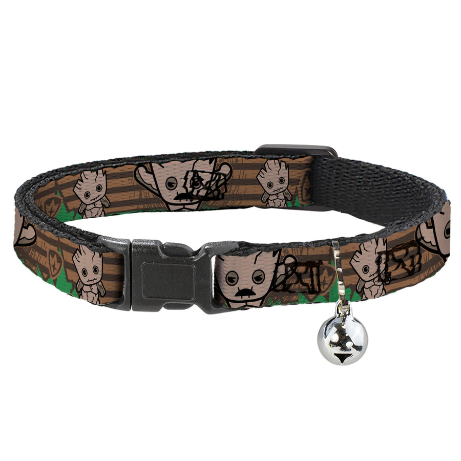 MARVEL UNIVERSE Cat Collar Breakaway - Kawaii Groot 2-Poses Guardians Badge Browns Green