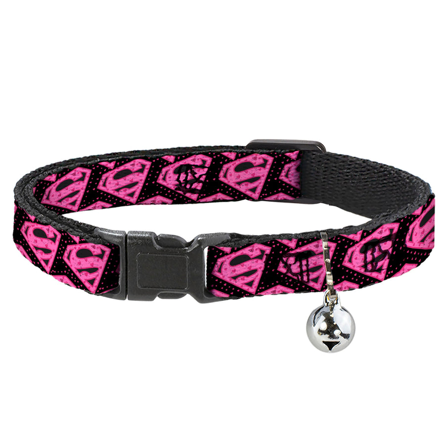 Cat Collar Breakaway - Diagonal Superman Logo w Hearts Black Pink