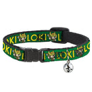 Breakaway Cat Collar with Bell - Kawaii LOKI Standing Pose/Text Green/Yellow