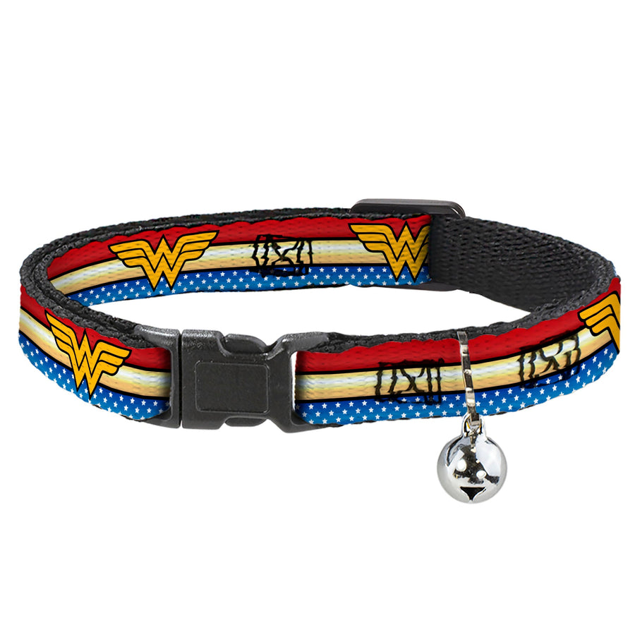 Cat Collar Breakaway - Wonder Woman Logo Stripe Stars Red Gold Blue White