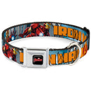 MARVEL AVENGERS Logo Full Color Black/Red/White Seatbelt Buckle Collar - IRON MAN w/Avengers Logo Cityscape