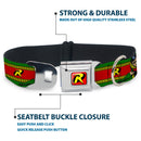 Robin "R" Logo Full Color Red/Black/Yellow Seatbelt Buckle Collar - Robin Action Pose/"R" Logo Stripe Green/Yellow/Red/Black